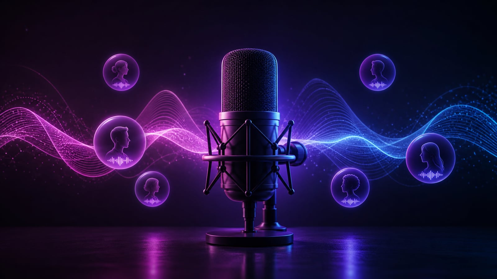 AI voiceover studio interface with waveform controls, microphone, voice options, and multilingual narration tools.