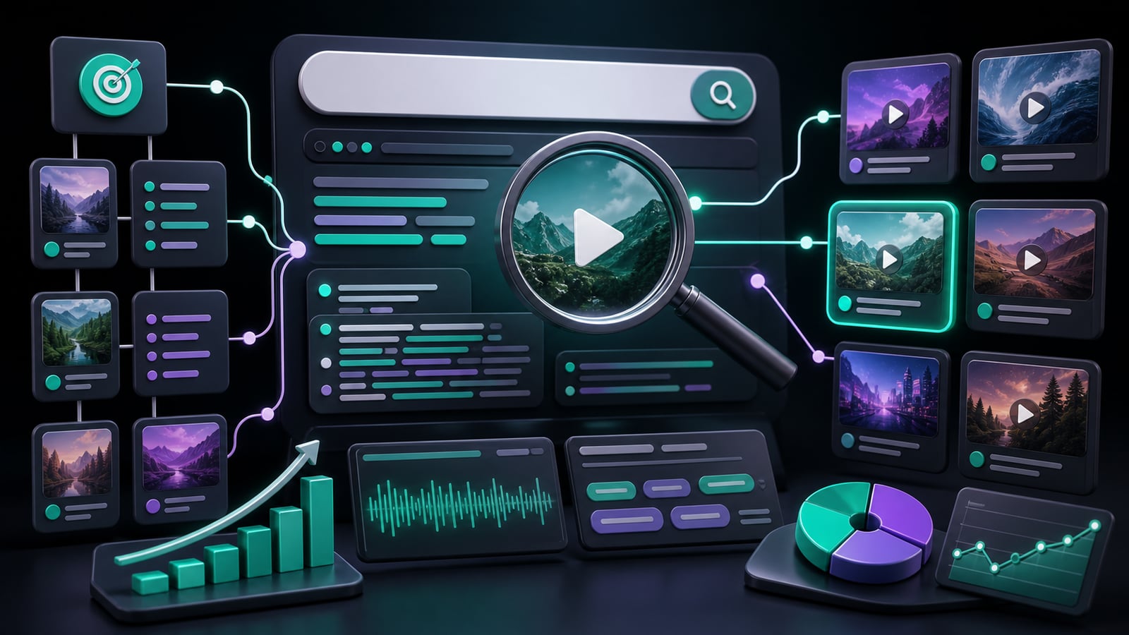 Faceless video SEO dashboard with search discovery map, keyword cards, topic clusters, transcripts, and video result tiles.