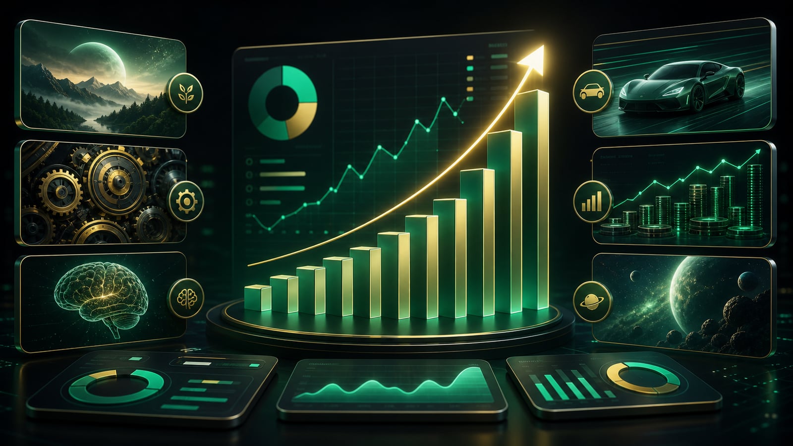 High-CPM faceless niche monetization dashboard with ranked content categories, revenue charts, and analytics tiles.