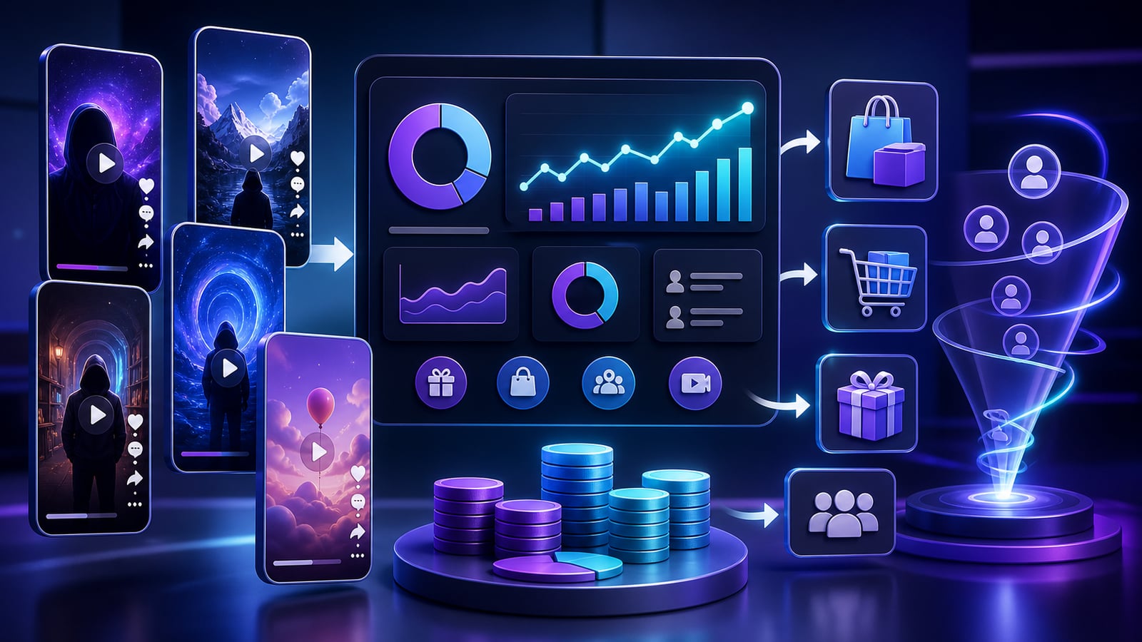 Faceless short-form monetization dashboard with vertical video cards, affiliate tiles, creator rewards, and funnel paths.
