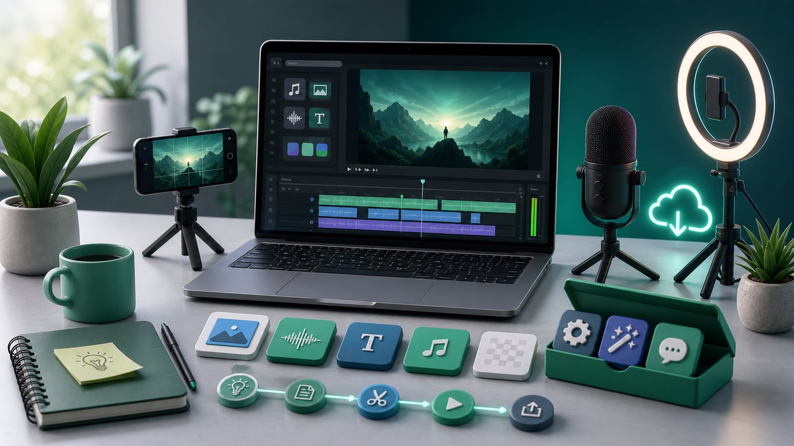 Budget-friendly faceless channel starter desk with laptop, free local AI workflow, and beginner creator toolkit.