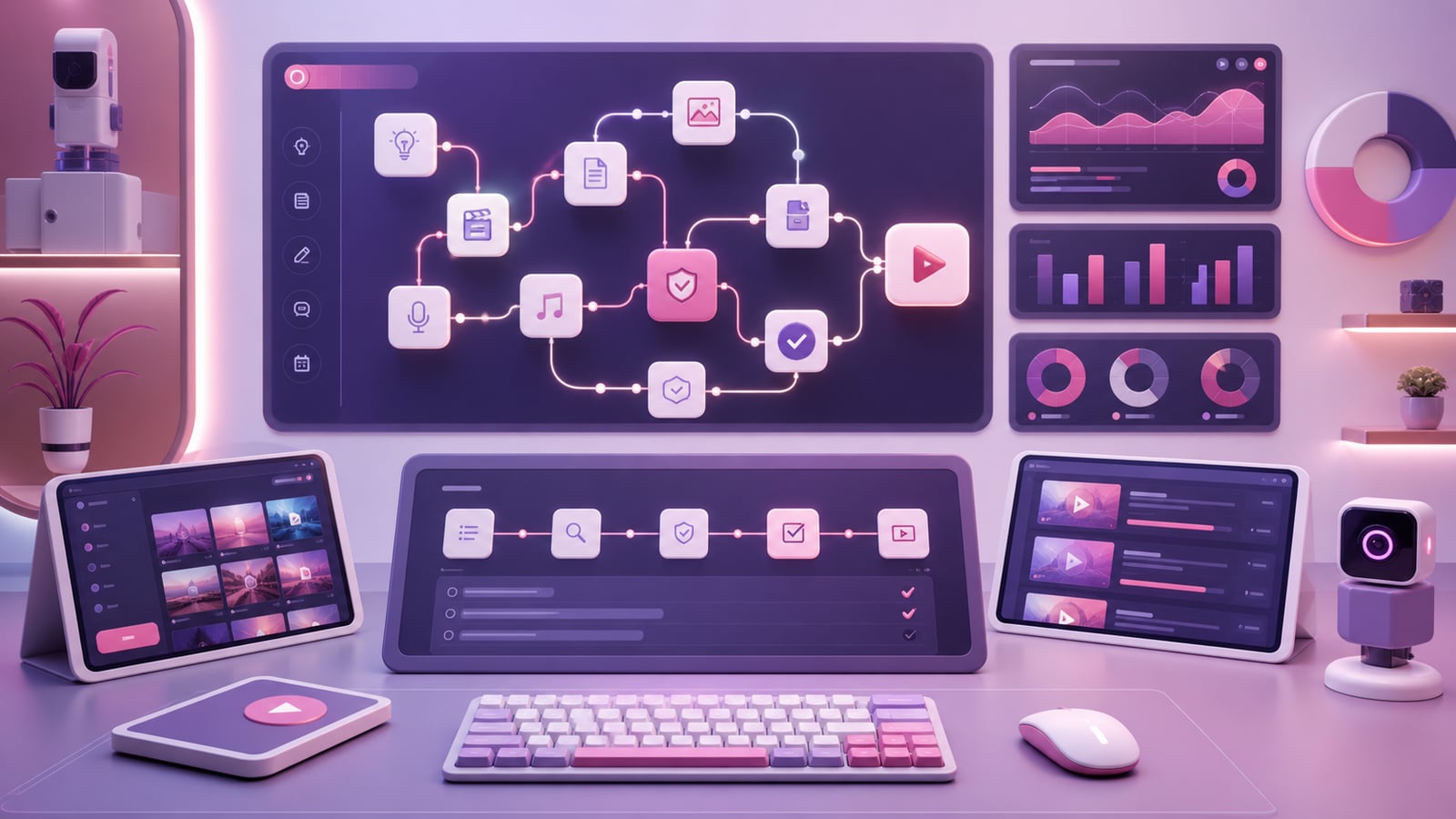 Responsible YouTube automation control room with upload queue, content workflow, analytics, and quality checkpoints.